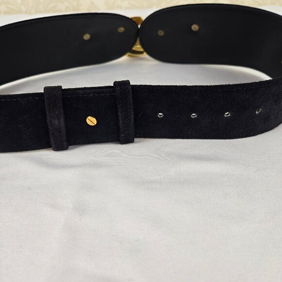 Art 9 Black Suede Wide Leather Belt Gold Hook Front Adjustable Screw Back VTG